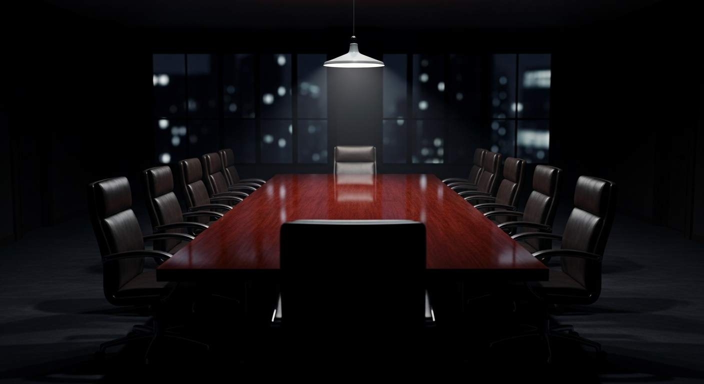 Boardroom at night — Empire Decision Framework Empty boardroom at night under a single pendant light — where the Empire Decision Framework guides high-stakes decisions