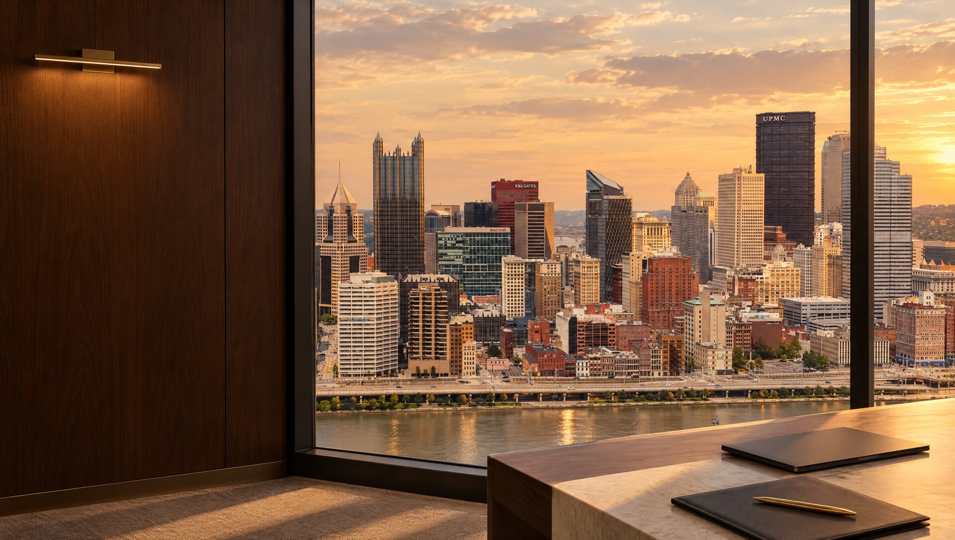 Empire Investigation LLC, Pittsburgh private investigators Downtown Pittsburgh skyline at golden hour, seen through an office window