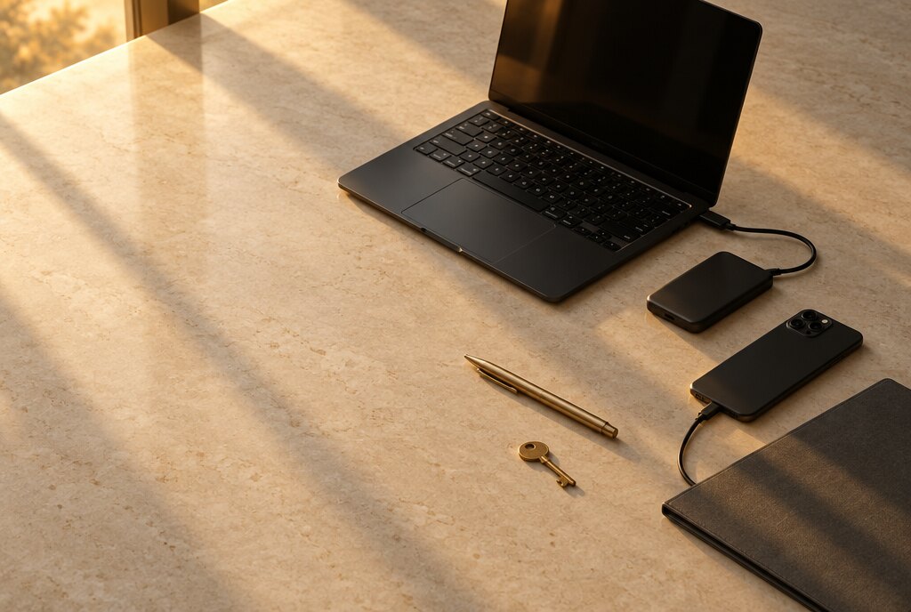 Laptop, external drive, phone, pen and a small brass key on a stone surface
