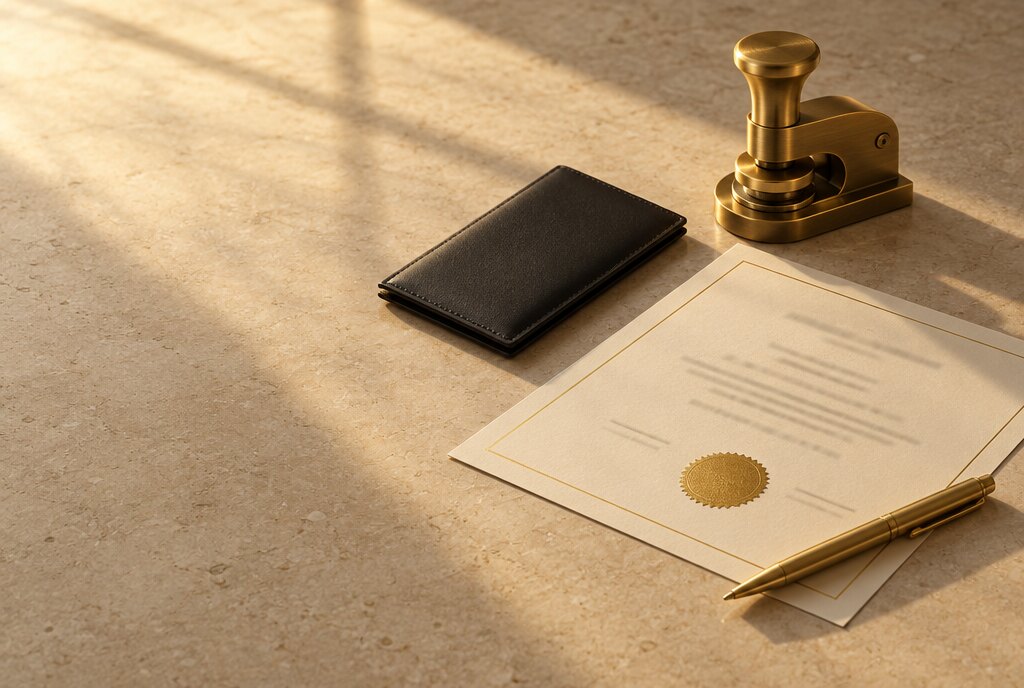 Credential wallet, brass seal press and a certificate with a gold seal
