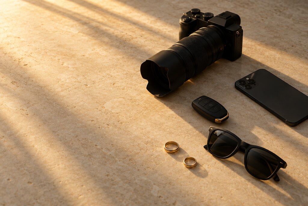 Telephoto camera, car key, phone, sunglasses and two gold rings on a stone surface