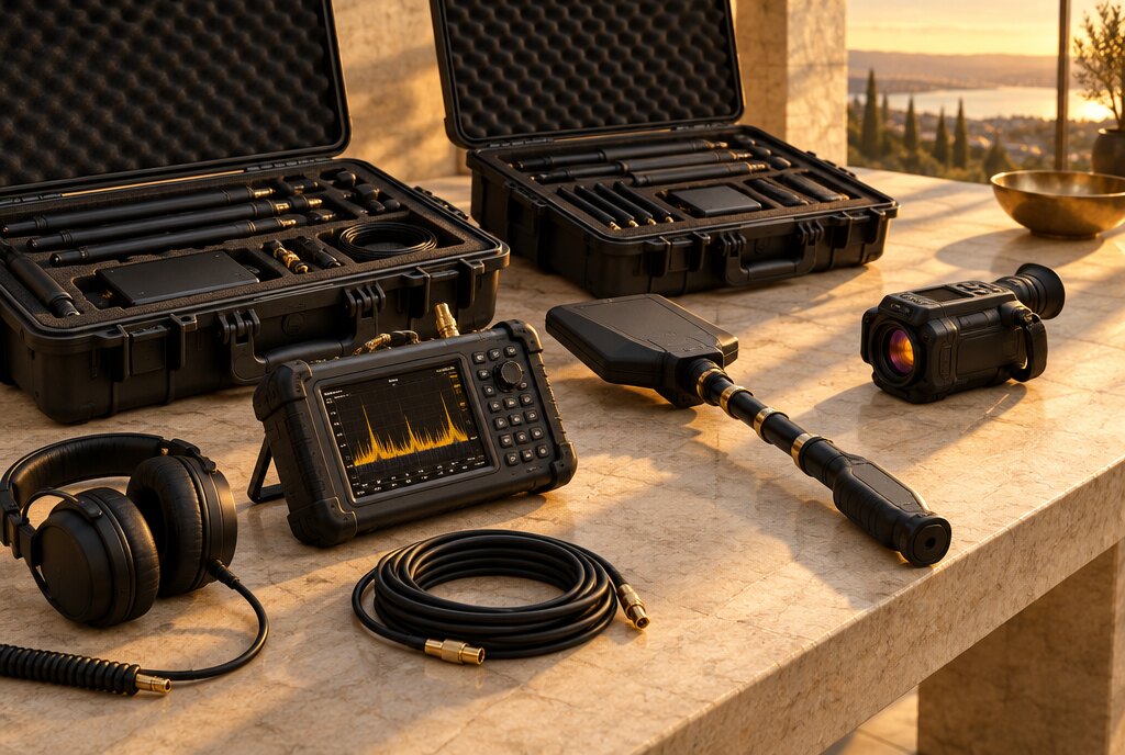 Countermeasure equipment and open hard cases laid out on a stone table