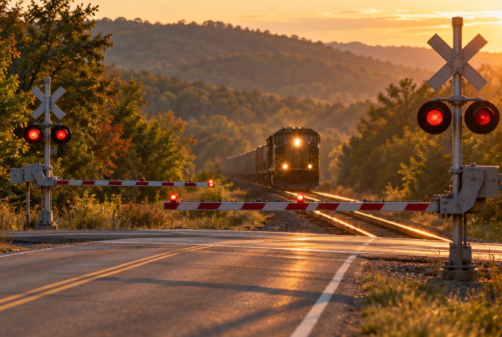 Railroad crossing at sunset with the gates down and a freight train approaching